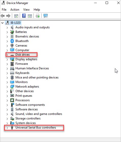 Find Disk drives or Universal Serial Bus controllers
