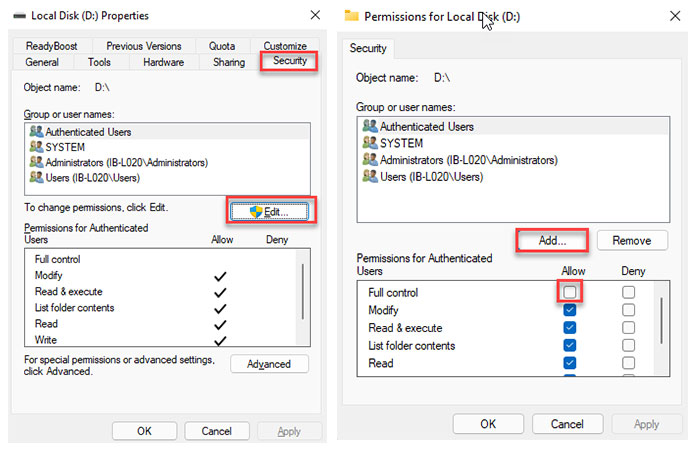 Go to the Security tab